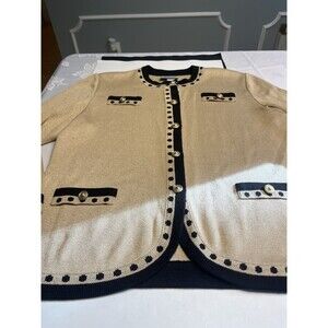 Vintage Mita Knit Cardigan Jacket Gold Buttons Size 14p Made USA Tan Black Trim